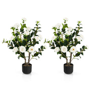 Albero di camelia artificiale da 95cm, Pianta artificiale con fiori finti in vaso di cemento Bianco-Piante artificiali
