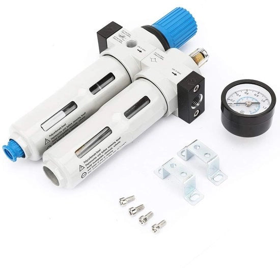 Regolatore di filtro d'aria con alta resistenza a compressione - Lega di alluminio - Scala di pressione doppia - Ideale per il trattamento di fonti d'aria - FRC-1/4 MINI - Resistente fino a 1,6 MPA - Filtro per trattamento dell'aria