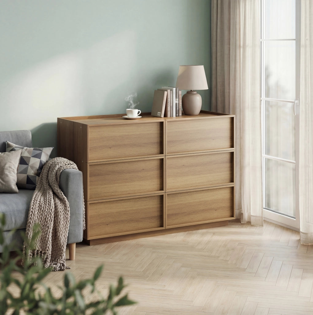 Cassettiera moderna a 6 cassetti 115 x 48 x 78 cm; finitura rovere