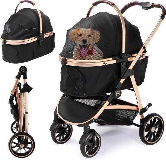 Carriolo per cani 3 in 1 fino a 25 kg con chiusura rapida, telaio in alluminio anodizzato al 100%, becheriere girevole a 360° in gomma per cani piccoli e medi