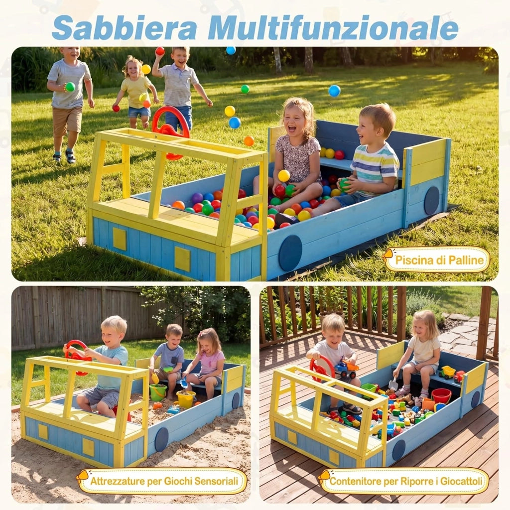 Sabbiera per Bambini in Legno, Gioco da Spiaggia a Forma di Autopompa con Panca, Volante Orientabile e Rivestimento, Sabbiera da Esterno per Giardino Cortile, 18+ Mesi