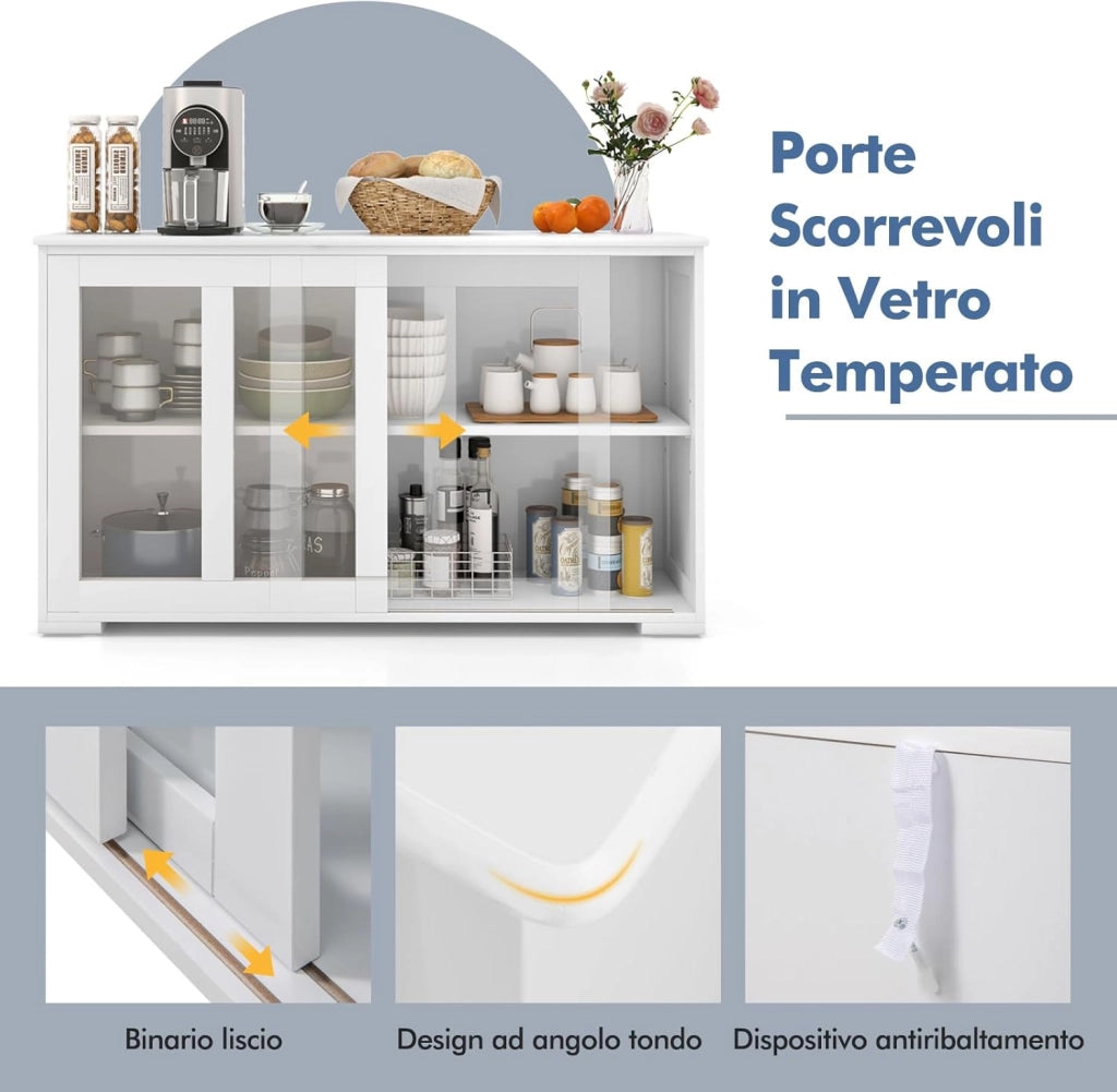 Armadietto da Cucina Mobile Laterale Multiuso con Ante Scorrevoli, in MDF e Vetro, 106,5 x 33 x 62,5 cm (Bianco)