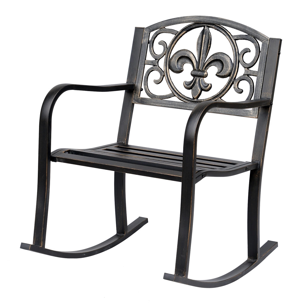 Sedia a dondolo da giardino in stile antico in metallo bronzo; 60 x 73 x 85 cm; elegante sdraio da salotto da esterno