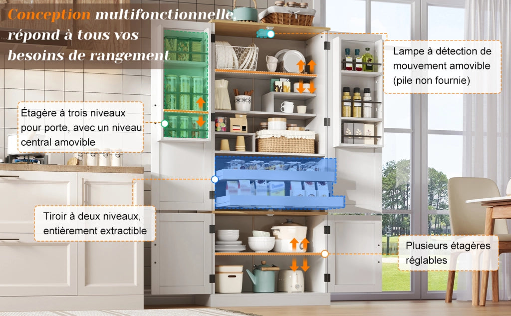 Dispensa alta con 3 ripiani sulla porta, 2 cassetti e luce con sensore per cucina in MDF bianco 80 × 40 × 180 cm