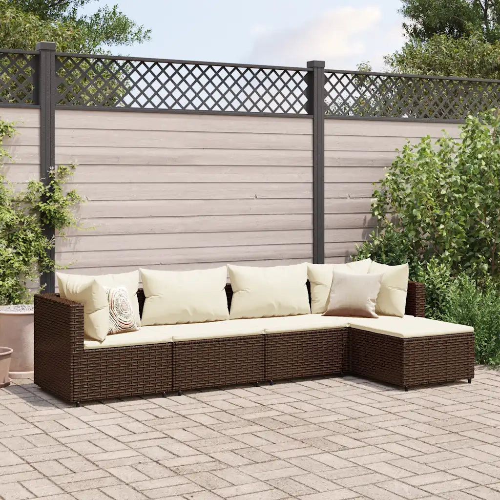 Set Divani da Giardino 5 pz | Set Salotto da Giardino con Cuscini Marrone in Polyrattan