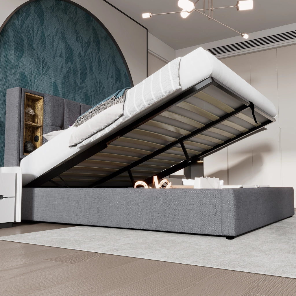 Letti contenitori 180x200 cm; ricarica wireless e USB; cotone grigio (Senza materasso)