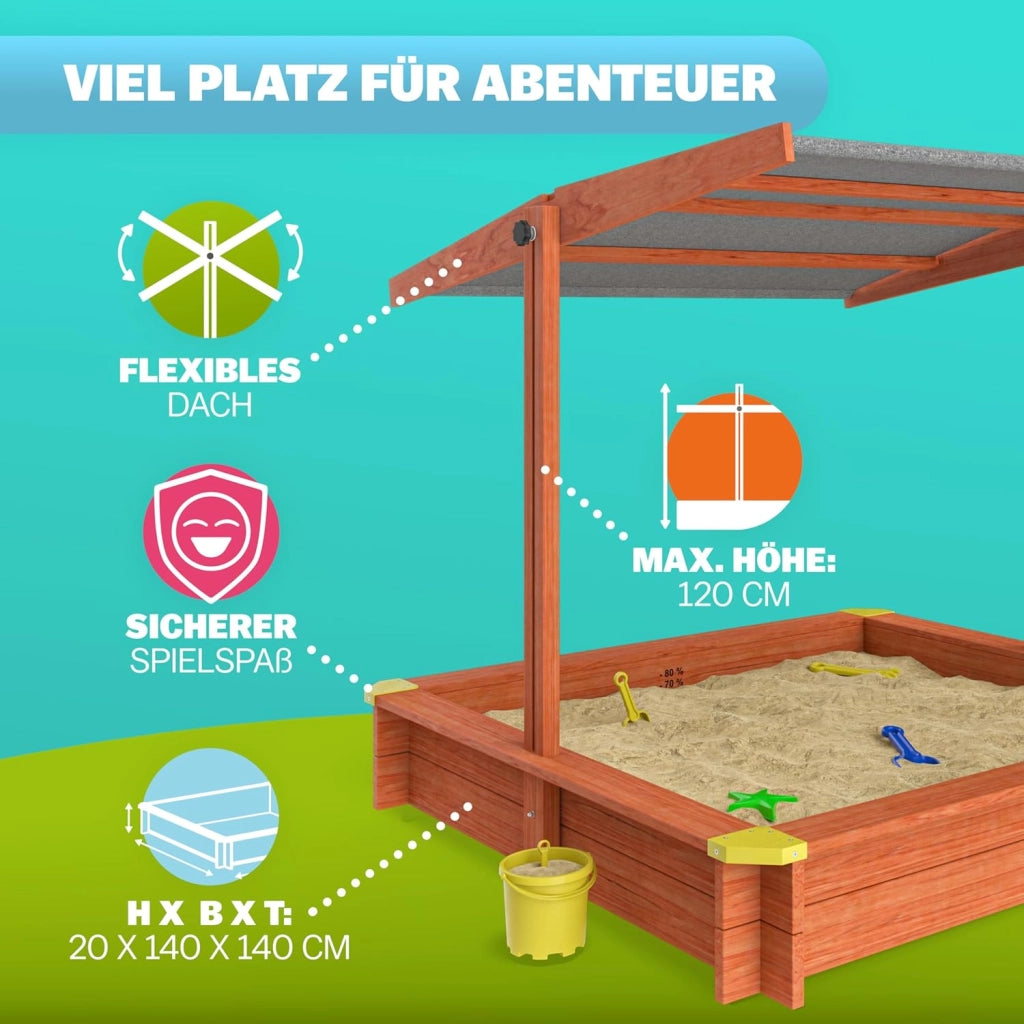 ® Sabbiera con Tetto 140x140cm Protezione UV 50 Legno Ecologico Sandbox per Bambini Gioco Esterno Playhouse