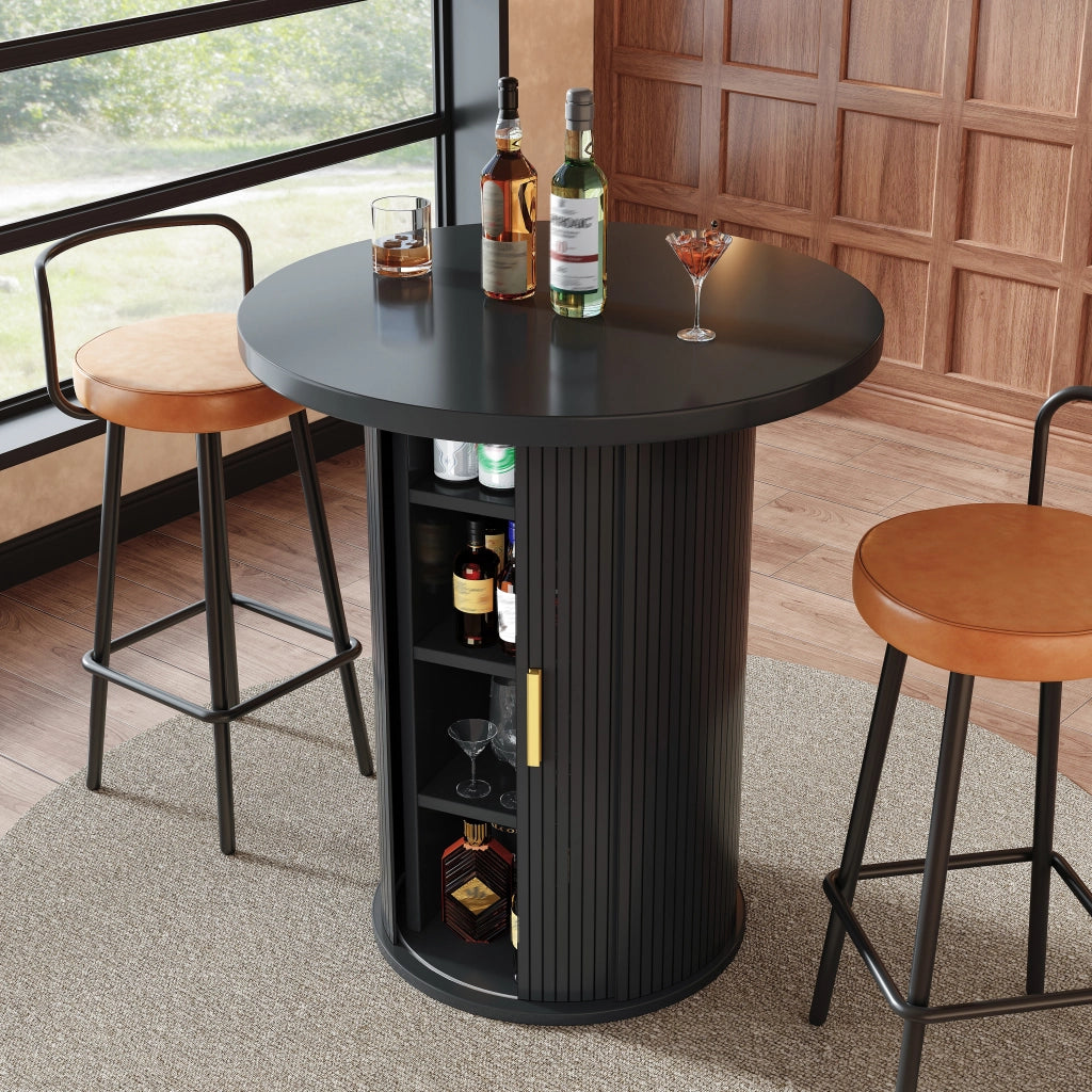 Set tavolo bar rotondo con 2 sgabelli, spazio contenitore e sedute ergonomiche in MDF e metallo nero per casa