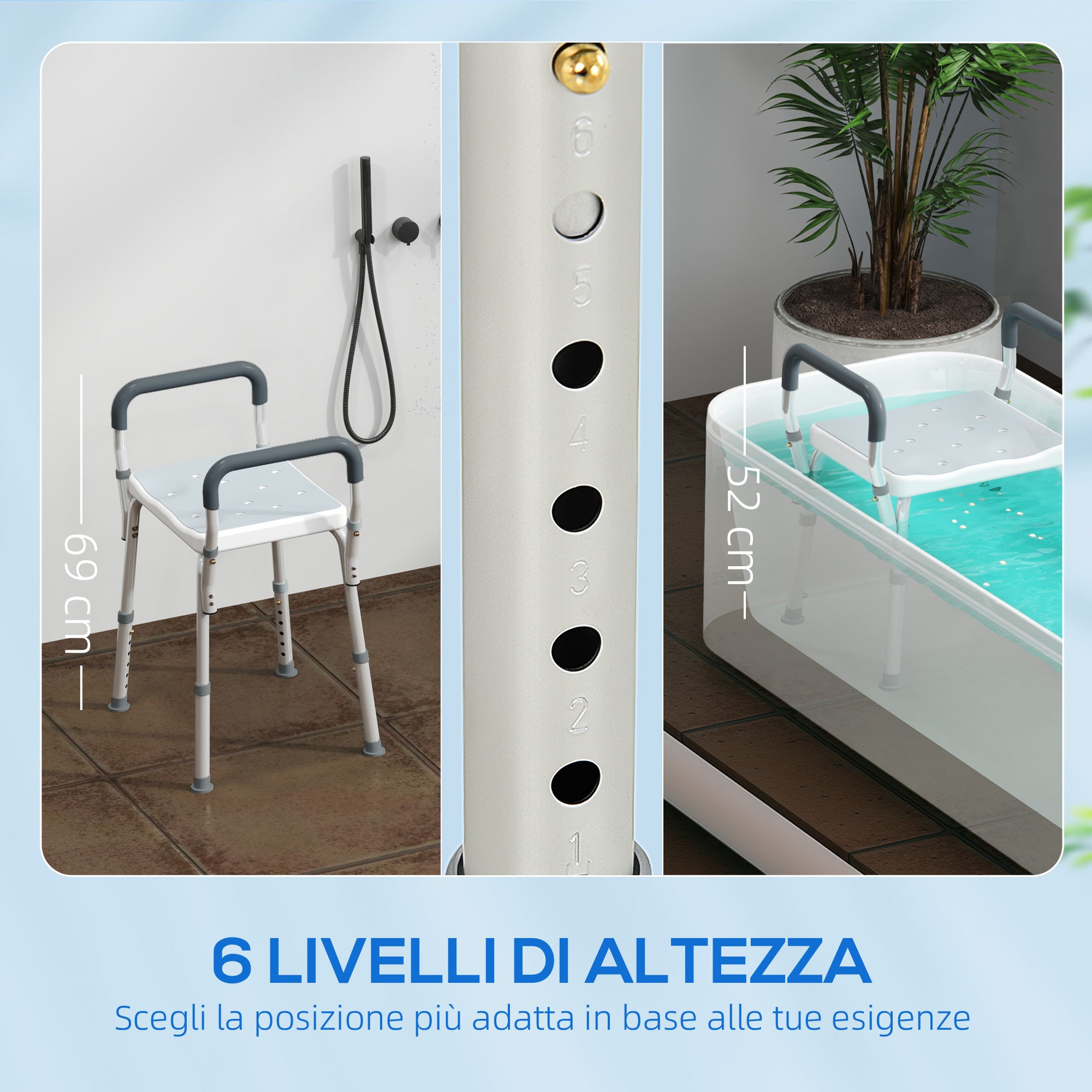 Sgabello per Doccia Regolabile 52x45x57-69 cm con Braccioli e Fori di Drenaggio in Alluminio HDPE e EVA Blu