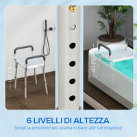 Sgabello per Doccia Regolabile 52x45x57-69 cm con Braccioli e Fori di Drenaggio in Alluminio HDPE e EVA Blu