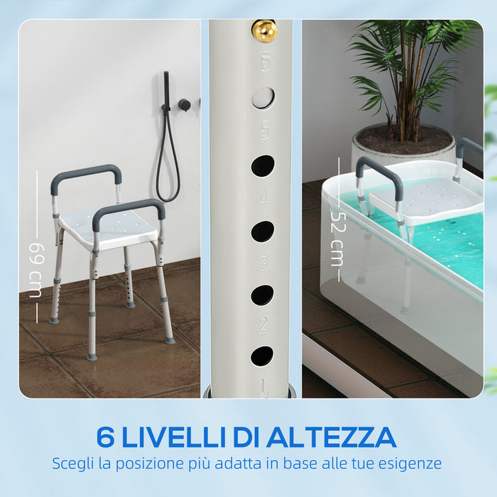 Sgabello per Doccia Regolabile 52x45x57-69 cm con Braccioli e Fori di Drenaggio in Alluminio HDPE e EVA Blu
