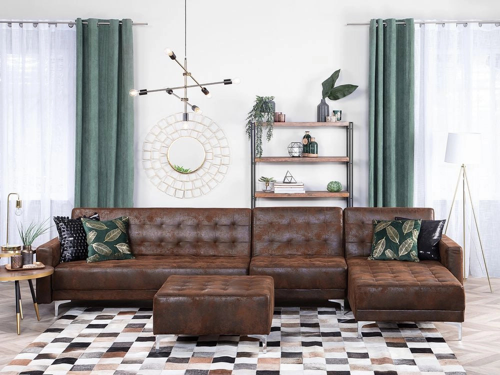 Divano letto angolare in ecopelle marrone capitonné moderno a forma di L modulare a 4 posti con ottomana chaise longue versione destra