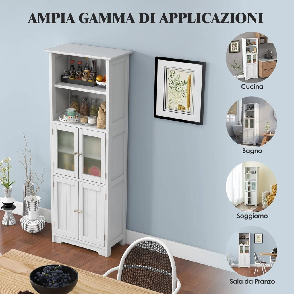 Armadio da Bagno, Mobiletto Alto da Terra con 2 Armadietti e Ripiani Regolabili, con Ante in Vetro, Mobile Portaoggetti Multiusi per Bagno Soggiorno, 60x30x163 cm (Bianco)