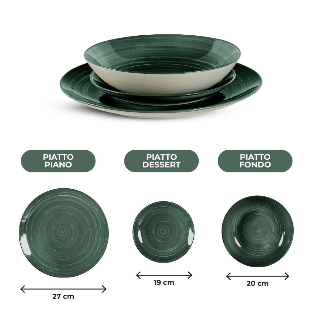 Set 18 Piatti in Porcellana Colorati Servizio Tavola Moderno 6 Persone Piatti Piani Ø27 cm, Fondi Ø20 cm e Dessert Ø19 cm Lavastoviglie e Microonde Certificati per Contatto Alimentare Terra