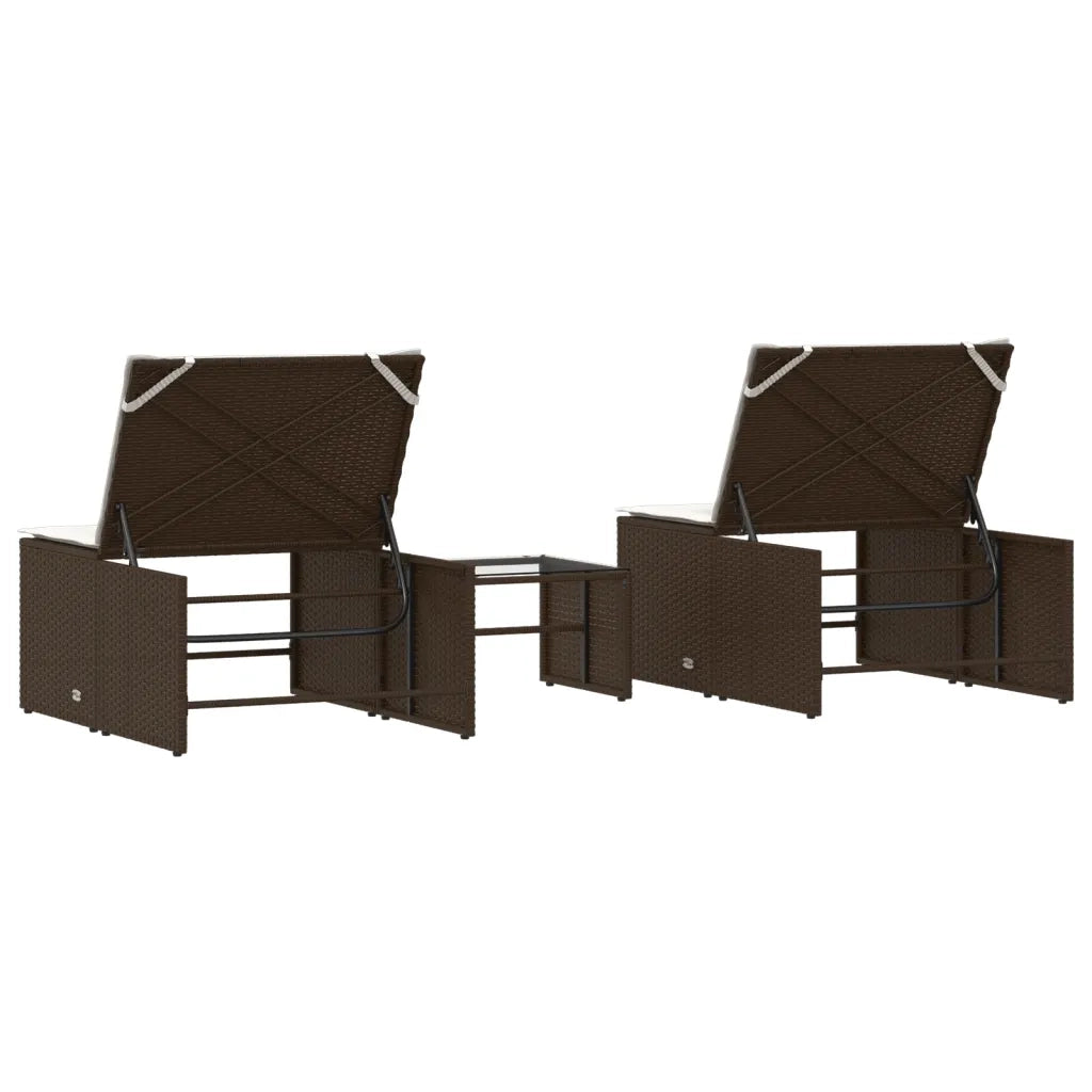 Lettini prendisole 2 pz con tavolo marrone in polyrattan