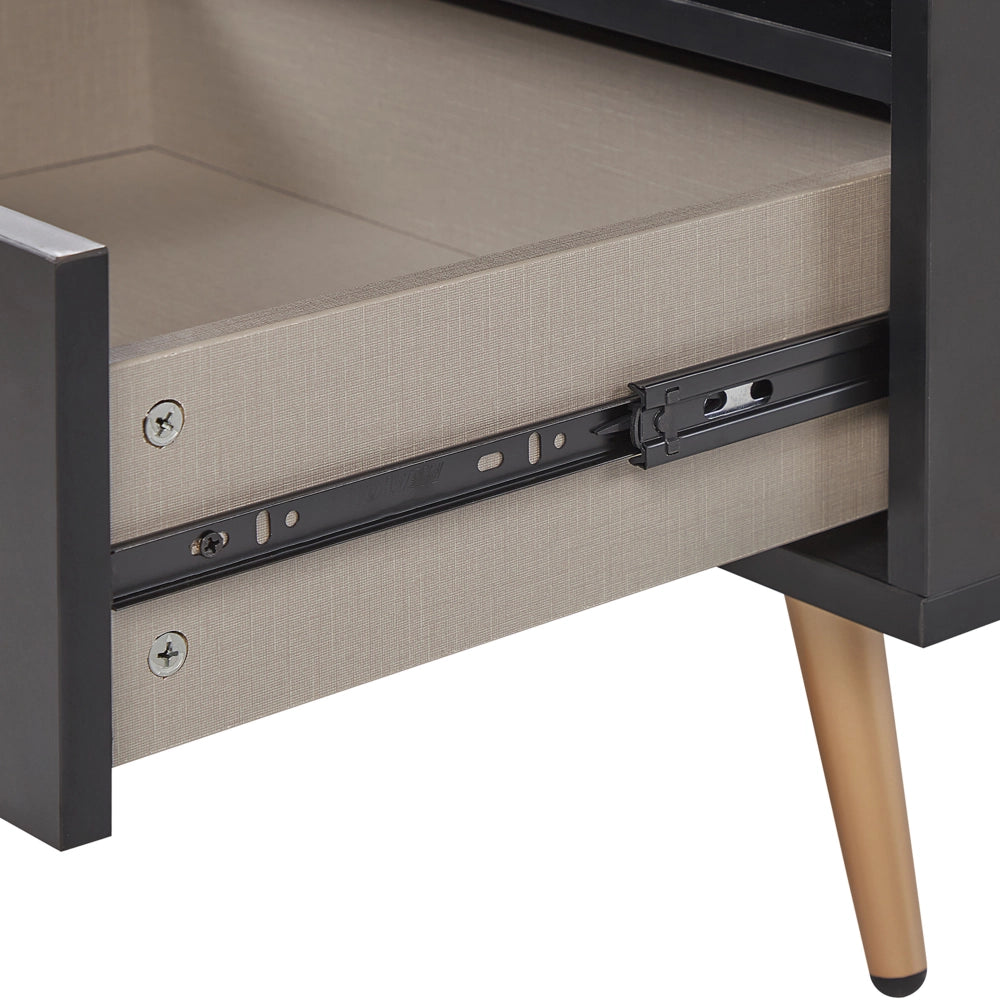 Comodino MDF Nero Gambe in metallo dorato Cassetto portaoggetti Scaffale finitura opaca Comodino camera da letto