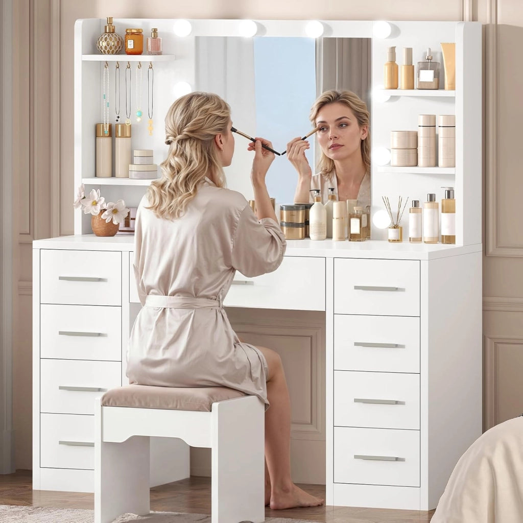 Toeletta Trucco con Luci,3 colori, luminosità regolabile, Grande Specchio, Postazione Trucco con 9 Cassetti, 4 Ripiani Aperti e 5 Ganci per Gioielli per la Camera da Letto, Bianco