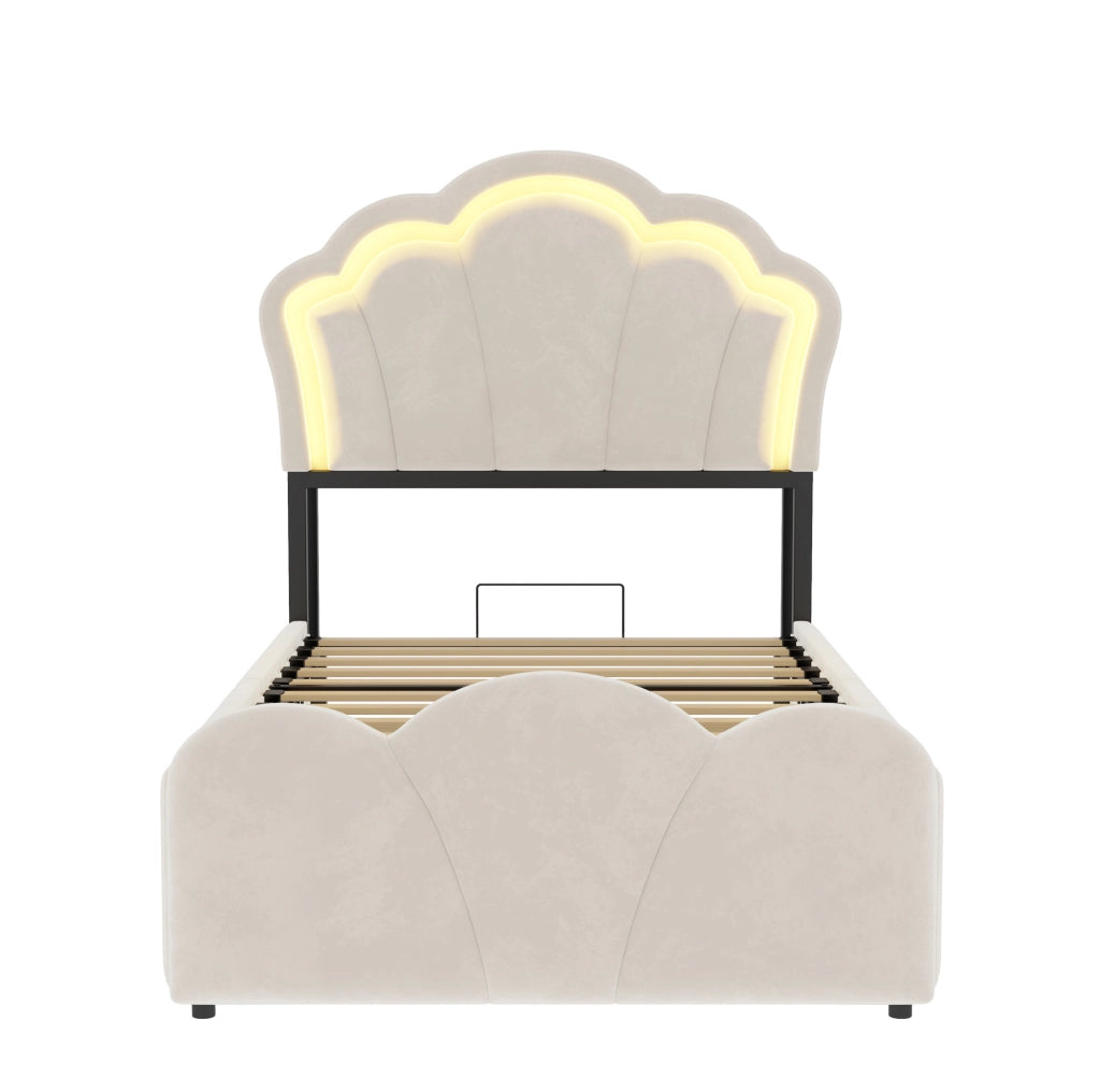 Letto imbottito 90x200 cm con vano contenitore idraulico e LED beige