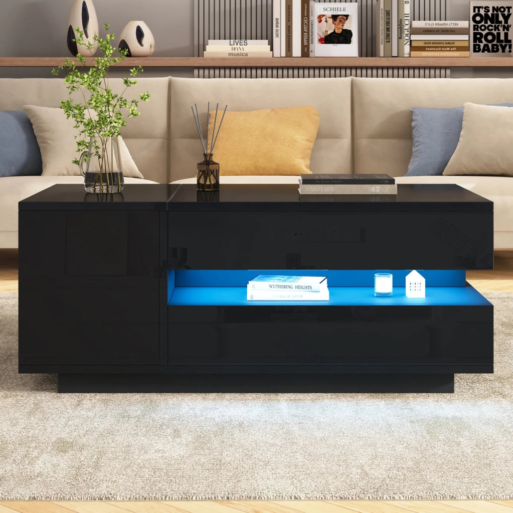 Tavolino da caffè sollevabile 95x50x40 cm con LED; nero lucido; in truciolare