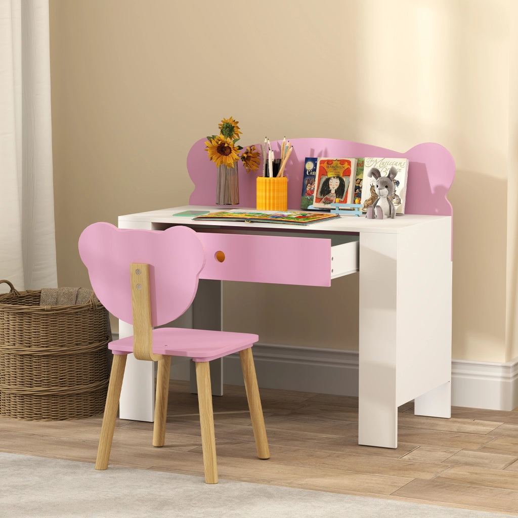 Set Scrivania per Bambini con Cassetto e Sedia con Schienale a Orsetto, Et¨¤ 3-8 Anni, Rosa