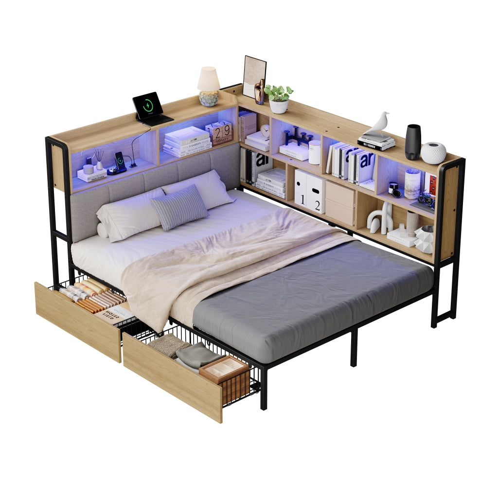 Letto Imbottito con LED, USB, Cassetti e Rete a Doghe in Metallo ¨C MINIMAL ¨C 140x200