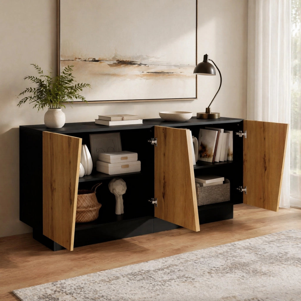 Credenza moderna con ampio spazio contenitore e ripiano regolabile in pannello truciolare nero e legno 160 × 40 × 72 cm