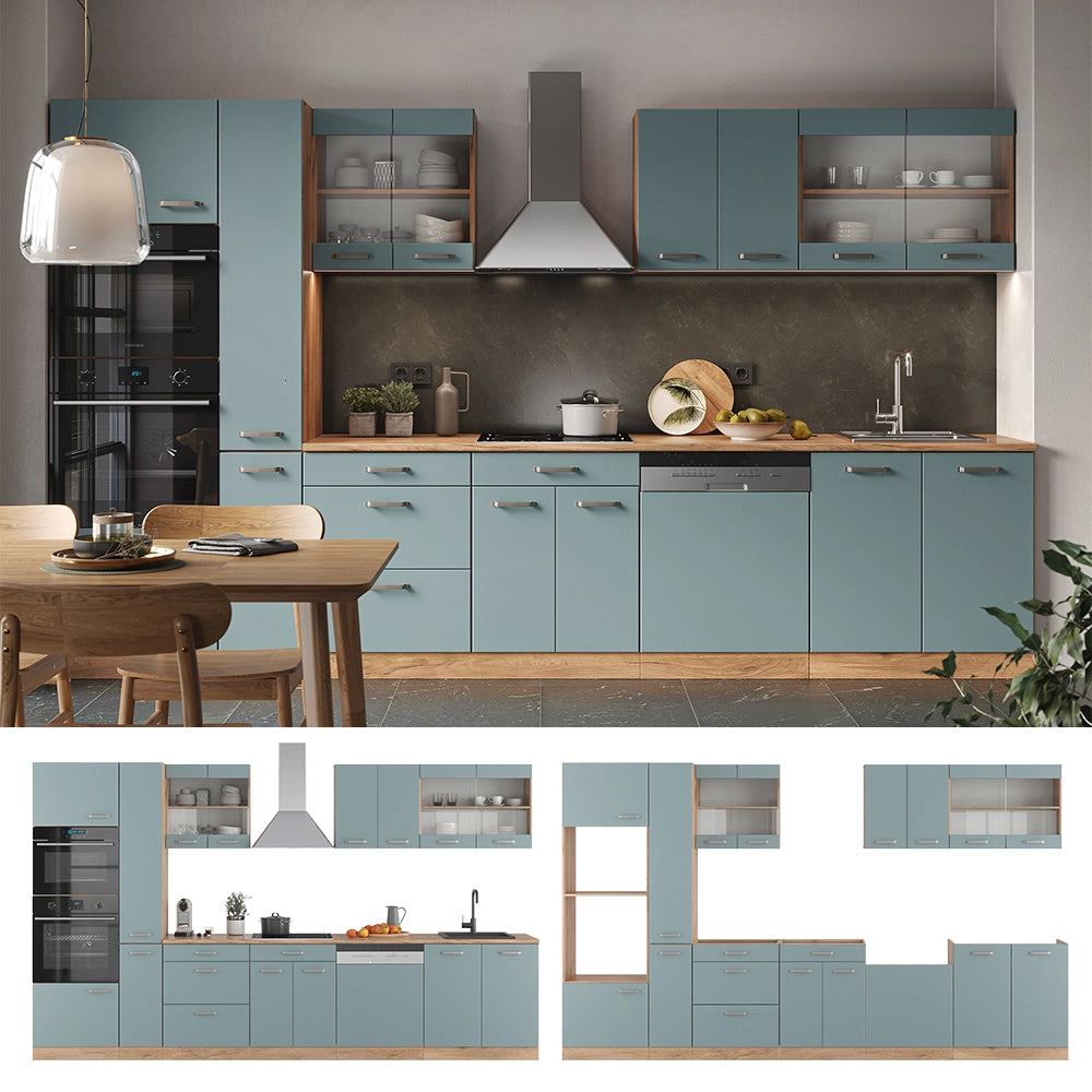 Vicco Cucina Rovere blu-grigio/oro 350 cm con armadio alto, PL Antracite