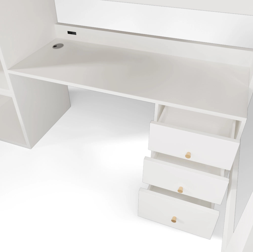 Letto a soppalco 90x200 cm con scrivania; armadio; cassetti e ricarica USB-Type-C; bianco