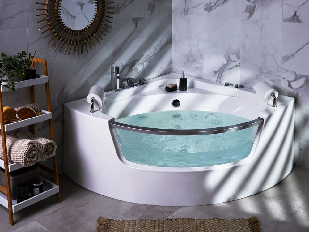 Vasca Idromassaggio Angolare Bianco Sanitario Acrilico con getti massaggianti LED 201 x 150 cm