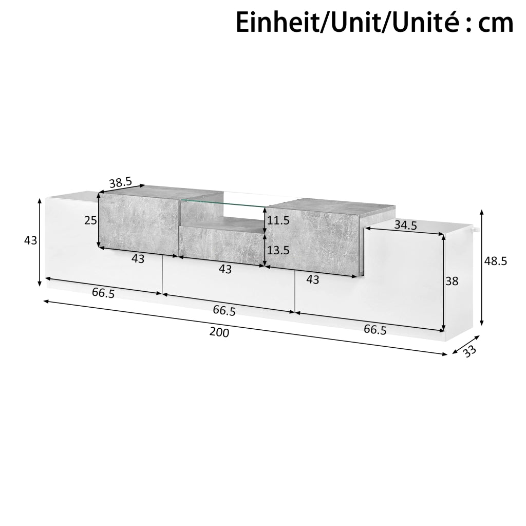 Mobile TV con 4 ante; nicchia aperta in vetro temperato; cassetto centrale e ribalta; per soggiorno; 200 × 33 × 48;5 cm