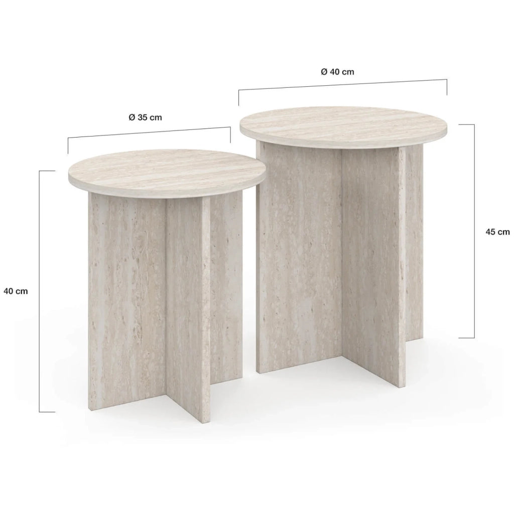 IDMarket - Set di 2 tavolini rotondi, tavolini da salotto, comodini MARTHE 35/40 cm in legno effetto travertino