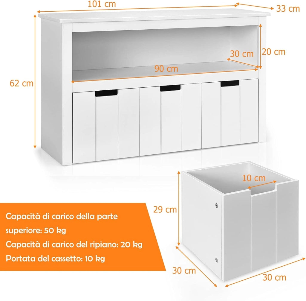 Armadio con 3 Cassetti, Scaffale di Legno con Ruote e Cubi per Giocattoli dei Bambini, Ampio Spazio, Organizer Durevole per Salone Camera da letto Camera dei bambini