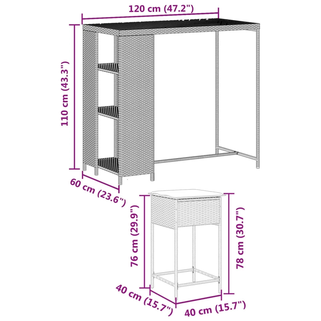 Set Bar da Giardino 3pz con Cuscini Grigio in Polyrattan 3261494
