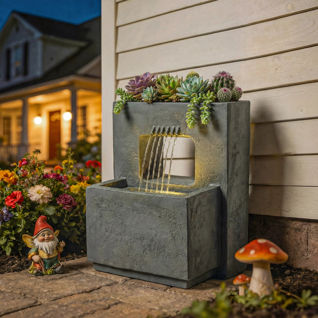 Fontana da Giardino 2 Livelli ¨C Xylo ¨C con LED e Pompa Effetto Pietra 45x31,5x58,5cm