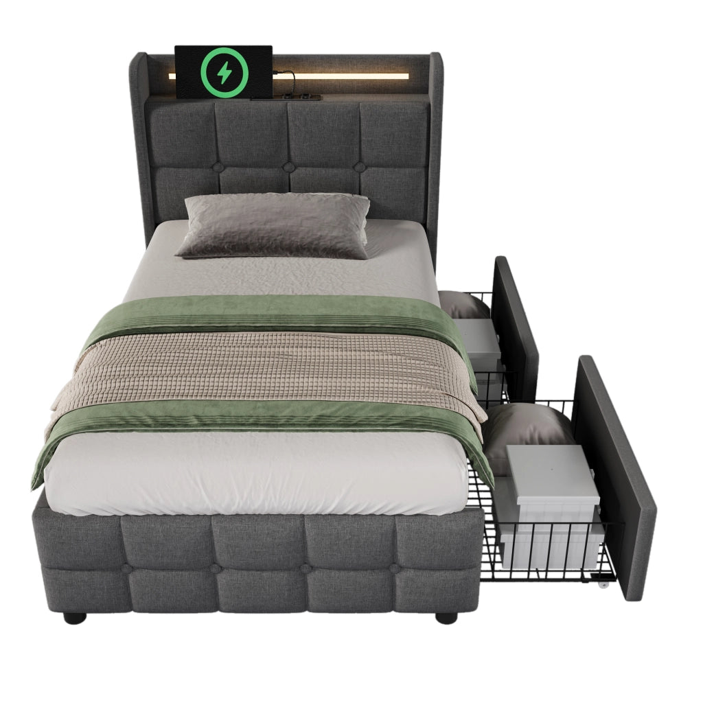 Letto singolo imbottito – 90x200 cm – USB LED 2 cassetti – legno grigio
