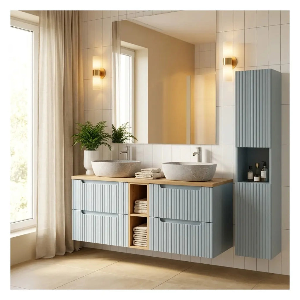 Set VANO blu denim e quercia chiara 170cm : mobili sotto lavabo con cassetti e nicchie a vista + lavabi grigi + colonna