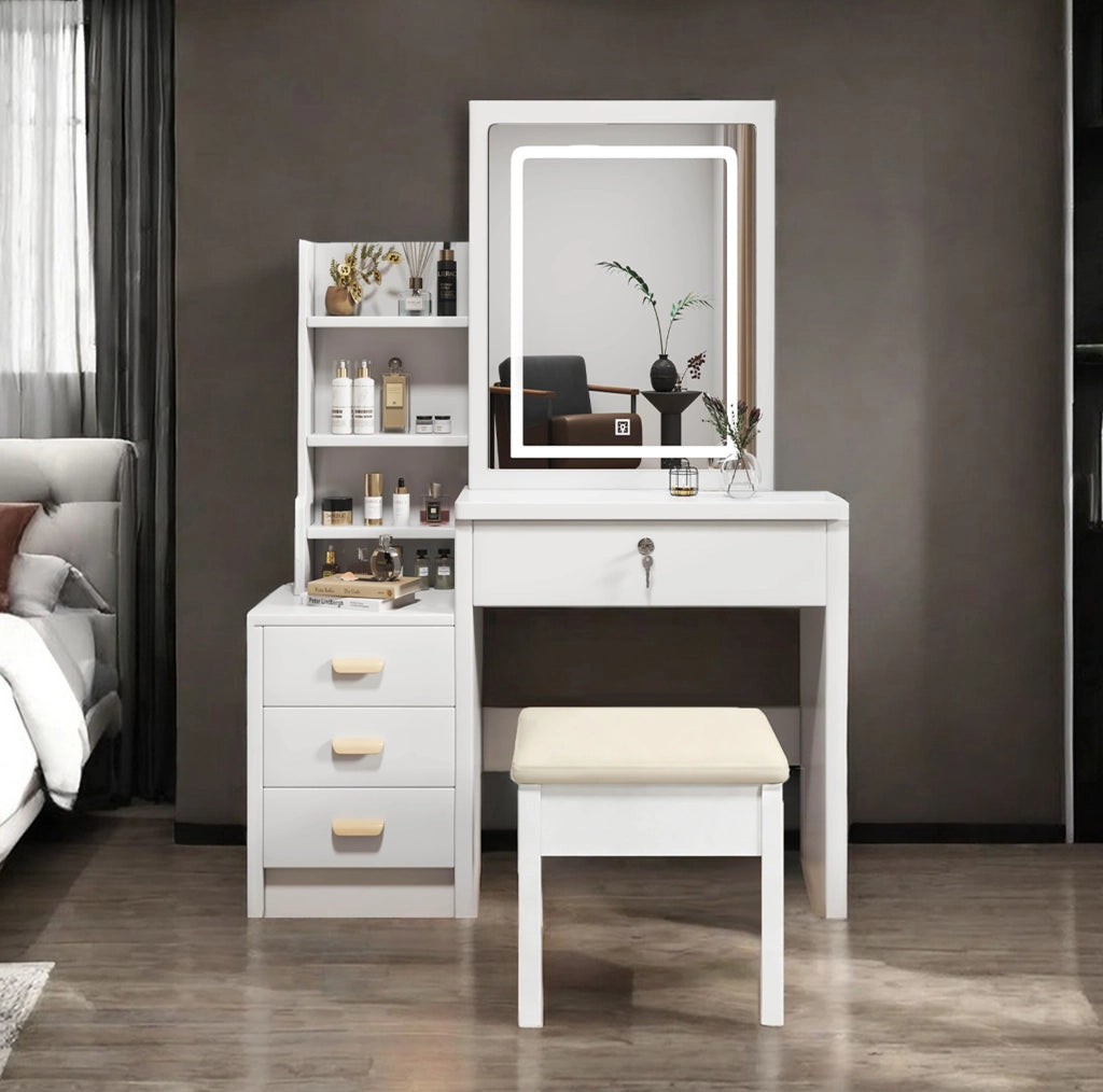 Toeletta con specchio LED a 3 modalità; sgabello e vani in MDF; bianca