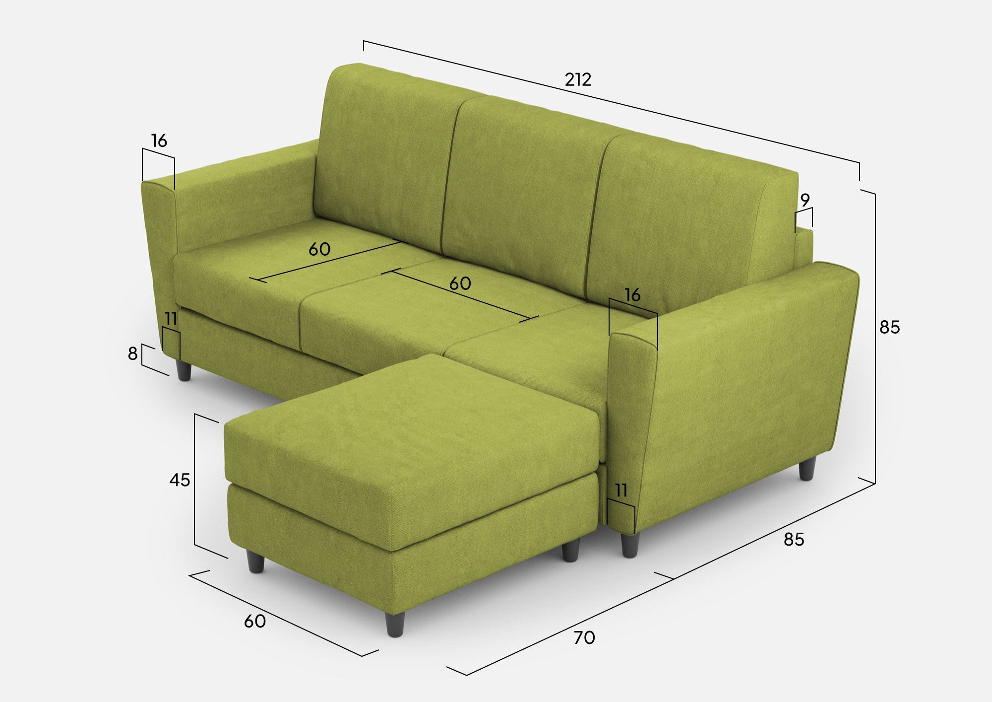 Divano 3 Posti con Pouf 212x155x85 cm Yasel in Tessuto Verde