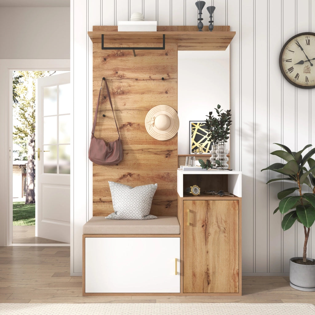 Set mobili da ingresso con specchio, panca, scarpiera e appendiabiti, in MDF bianco e legno