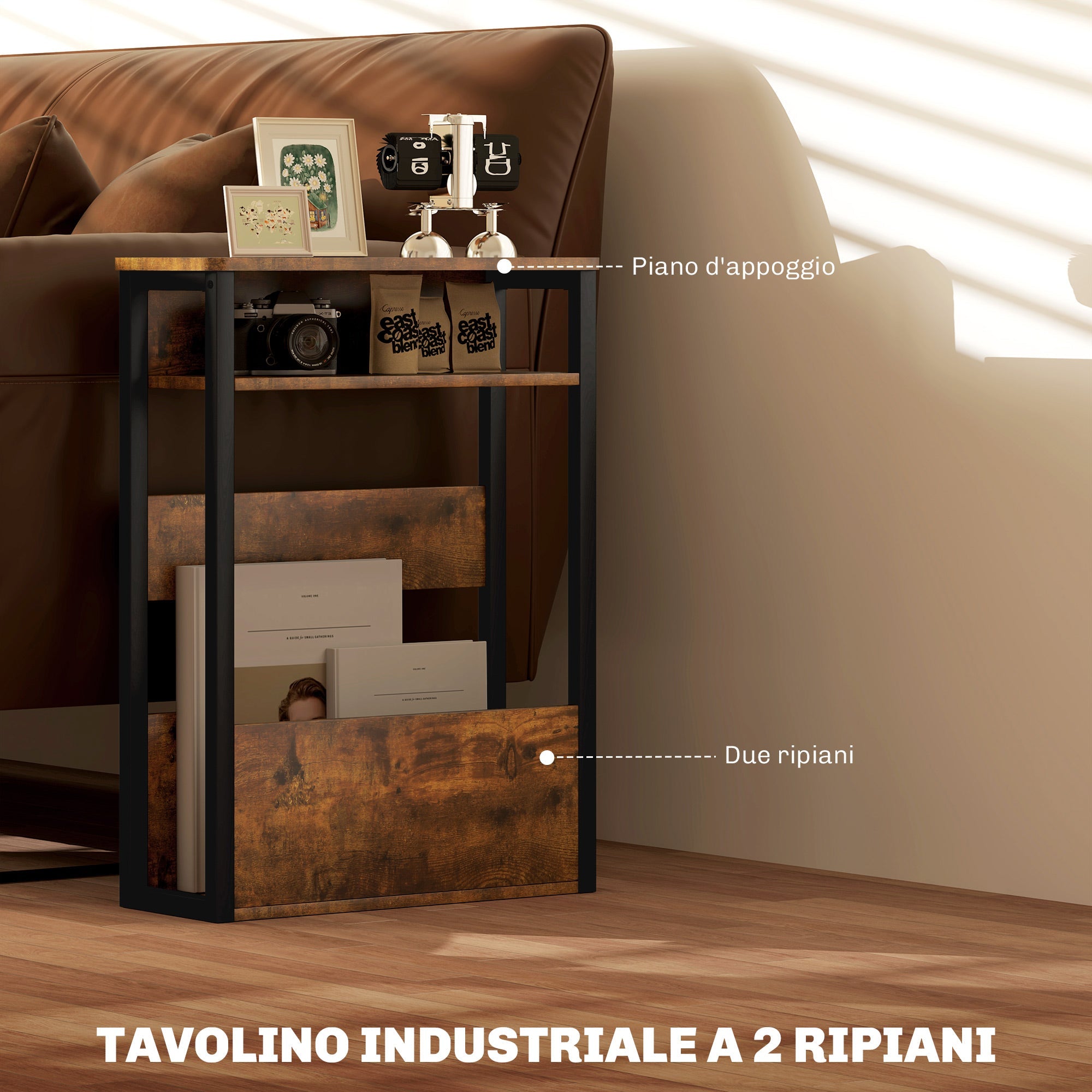 Tavolino da Soggiorno Laterale 46x18x58,5 cm in Stile Industriale 2 Ripiani in Legno e Metallo Marrone