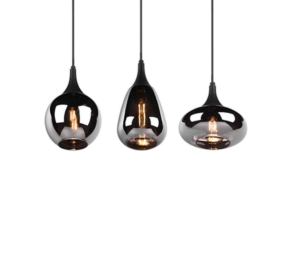 Lampada a sospensione 3 diffusori, metallo, nero e fumé, L 68 cm, Lumina
