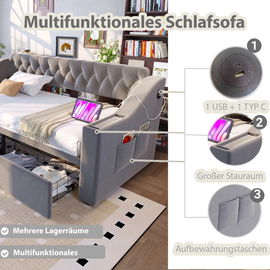Divano letto imbottito 90 x 190 cm in velluto grigio chiaro con cassetti e ricarica USB