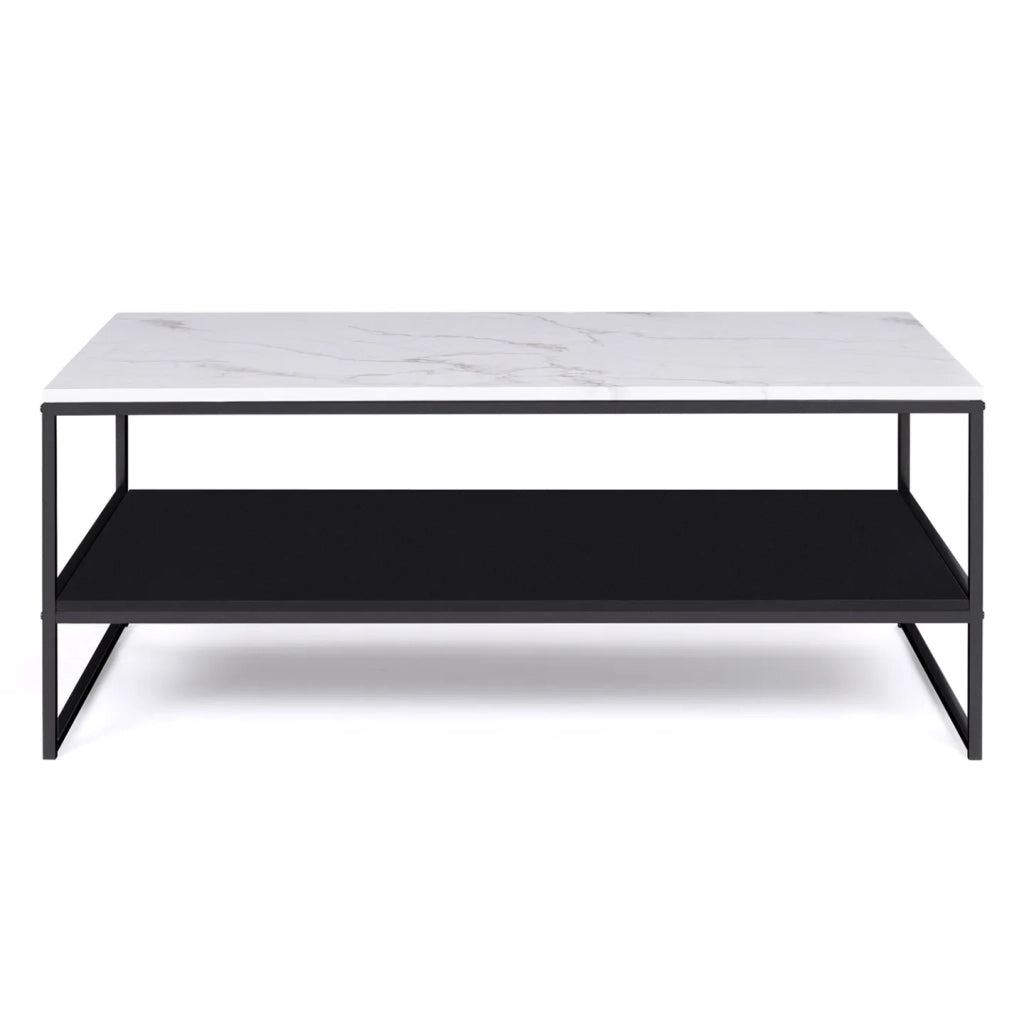 IDMarket - Tavolino con doppio piano, effetto marmo e legno nero, base in metallo ALASKA