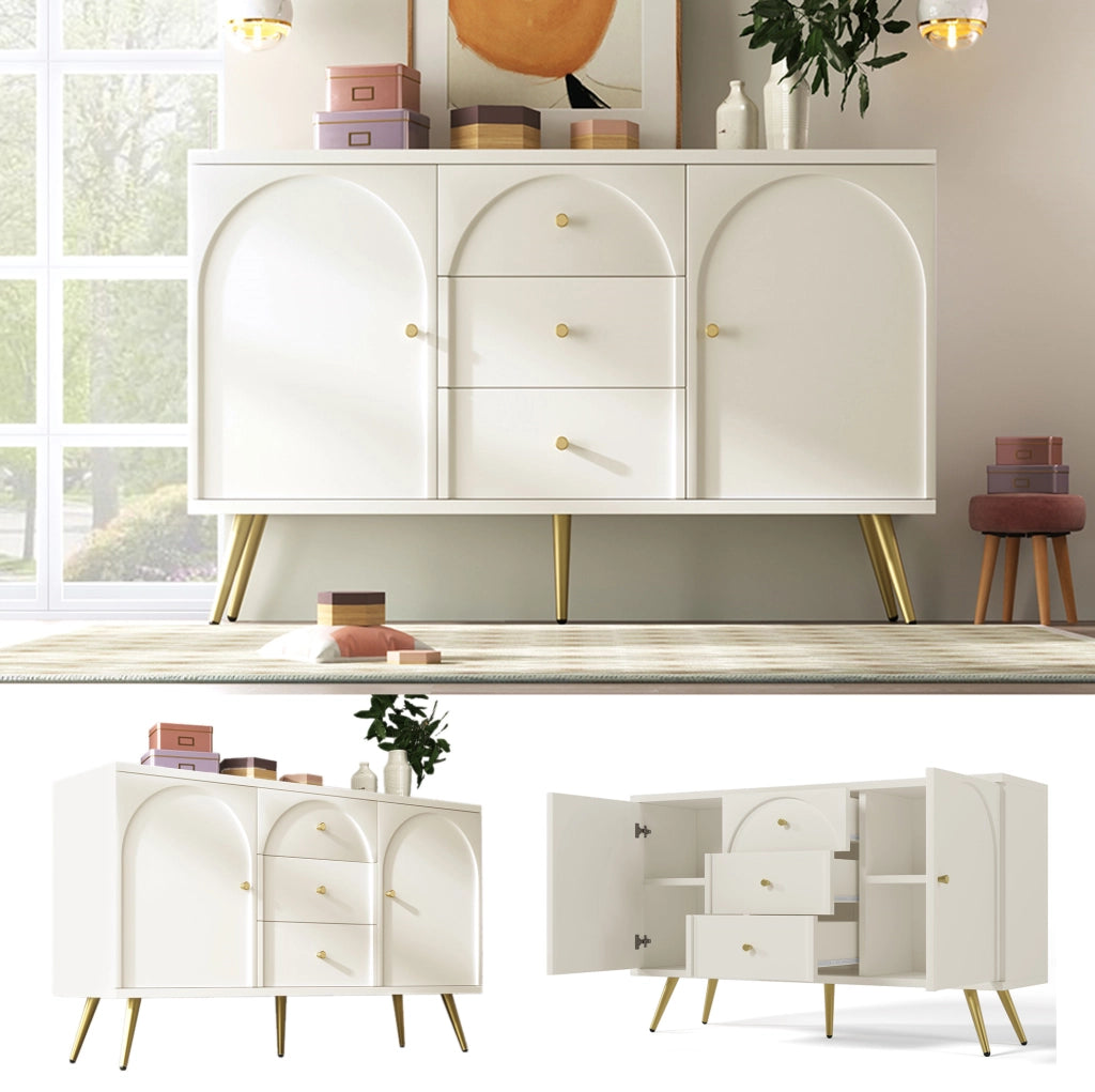 Credenza ULEVR 140x40x84 cm con 2 ante, 3 cassetti e ripiani regolabili, bianco crema