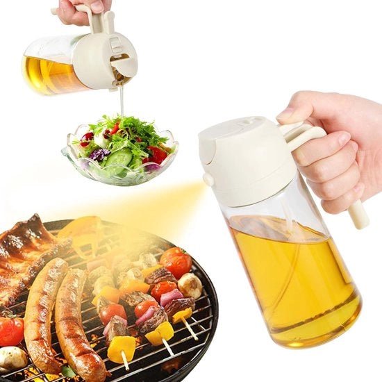 Spruzzatore di Olio per Cucina, 2 in 1, 470ml, per Olio di Cottura, per Frittura, per Grill, per Airfryer, per Insalata, per Frittura, Bianco