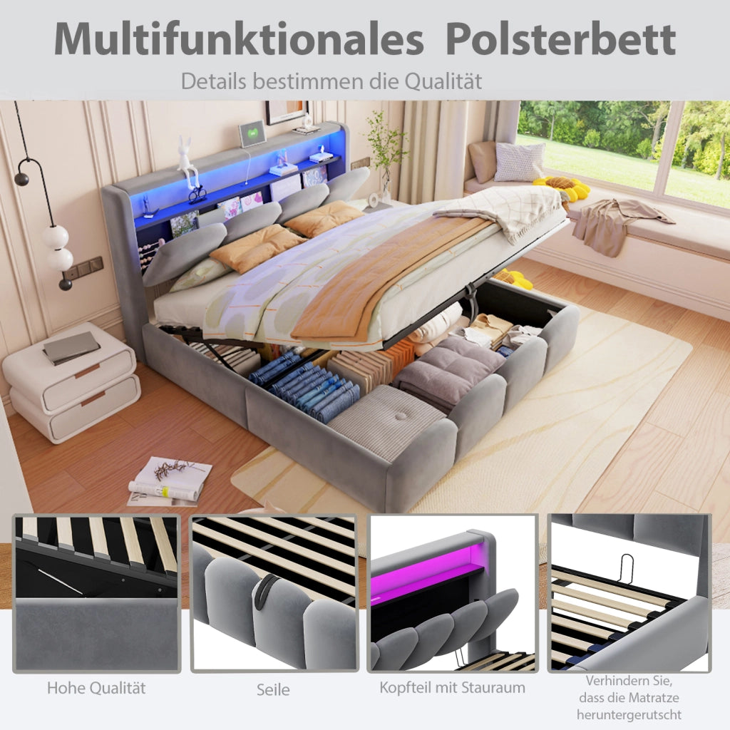 Letto imbottito matrimoniale 140 × 200 cm con contenitore, testiera con USB e Type-C, LED e velluto grigio