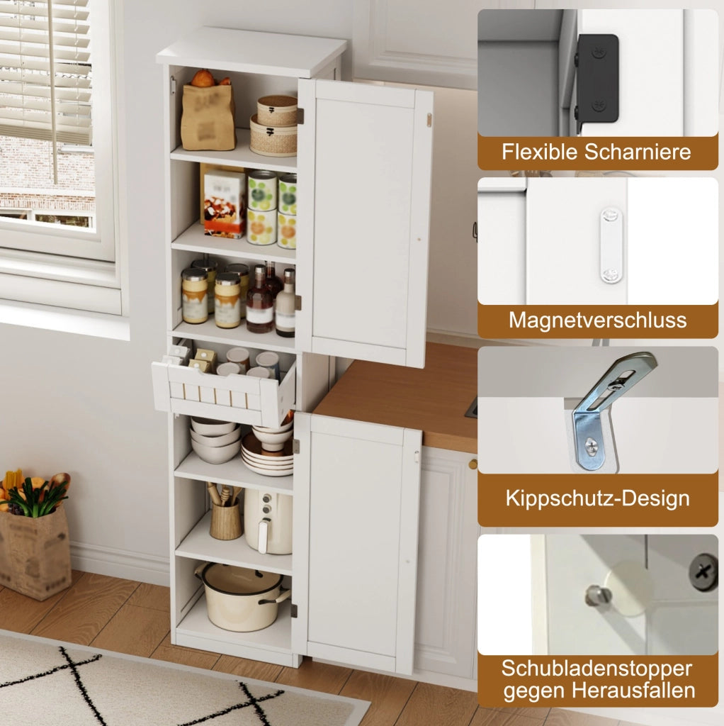 Mobile dispensa da cucina 170x40x30 cm in MDF bianco con 4 ripiani regolabili e sistema antiribaltamento