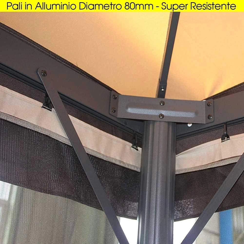 Gazebo Royal 3X4 Metri In Alluminio Impermeabile Zanzariera Antipioggia Moka