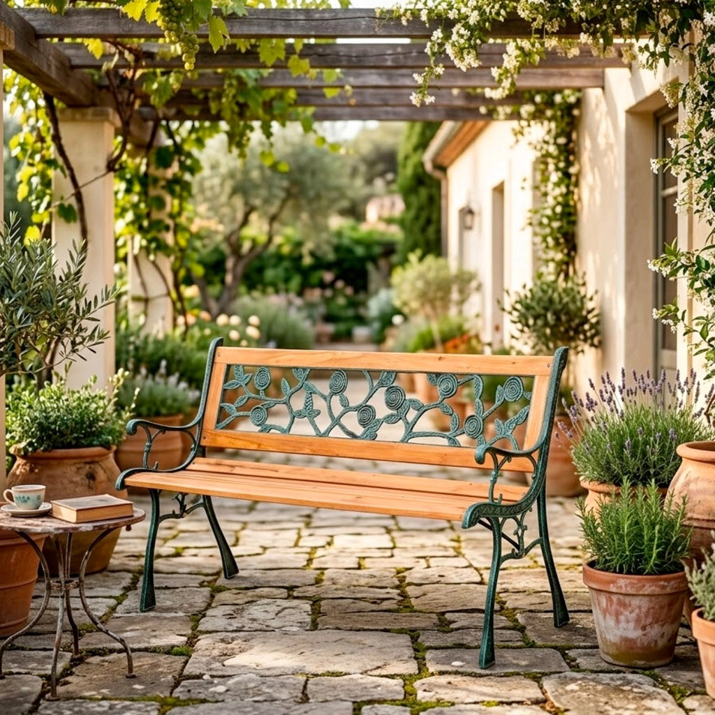Panchina Da Giardino 2 Posti In Legno Design Vintage Con Schienale A Rose Elegante E Resistente Ideale Per Esterni Terrazzo Balcone Arredo Giardino Classico 124 x 52 x 74 Cm