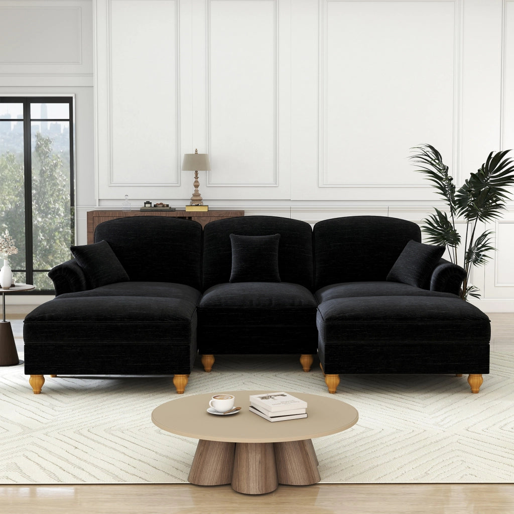 Divano Modulare U a 5 Posti in Chenille con Poggiapiedi ¨C MINIMAL ¨C Nero, Morbido